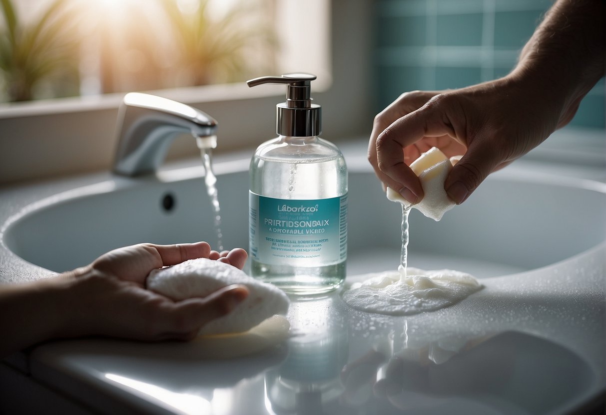 A hand reaching for a container of saline solution, a clean cloth, and a gentle soap on a bathroom counter