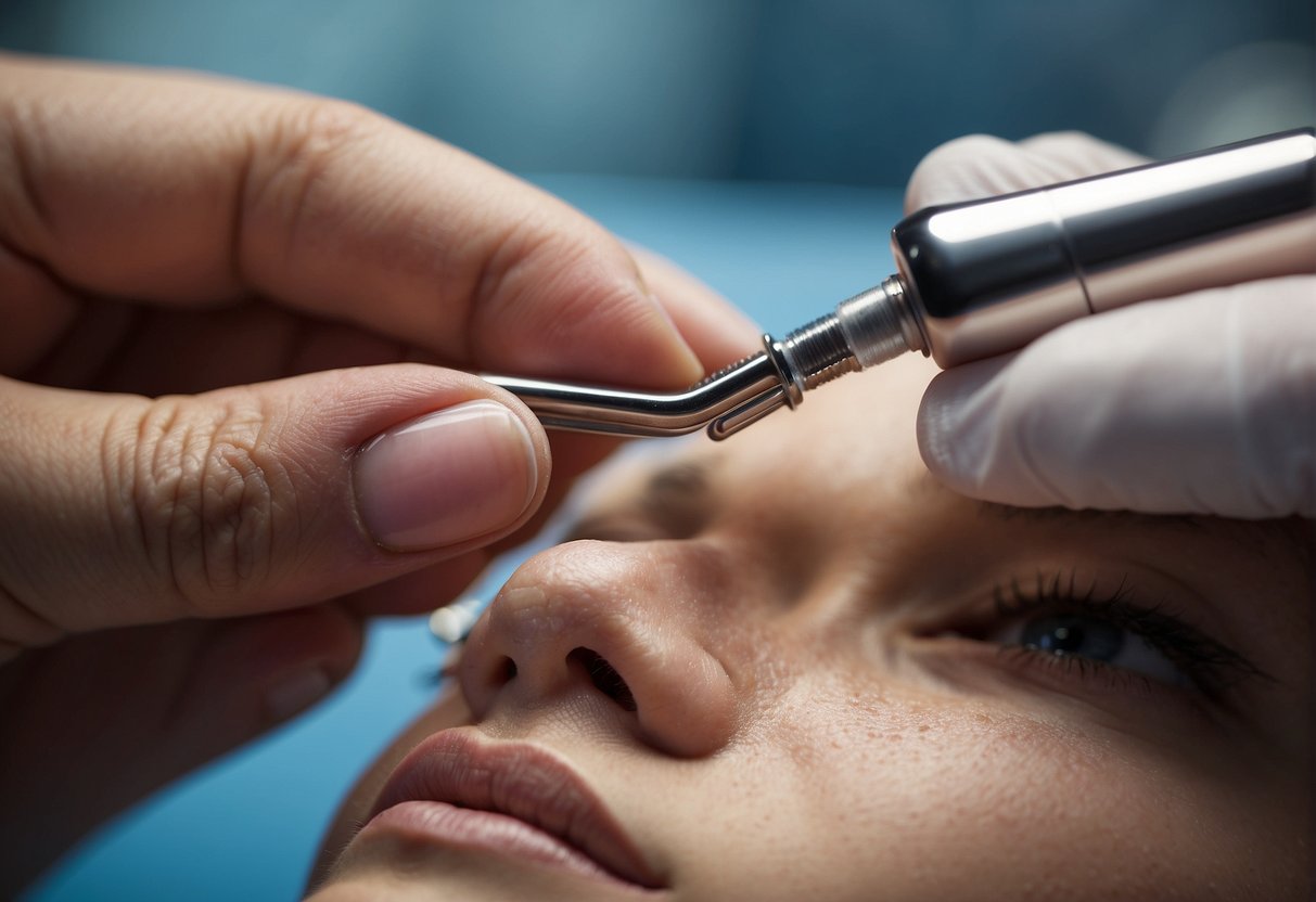 A close-up of a dermal piercing being inserted into the skin with a sterile needle and a pair of forceps