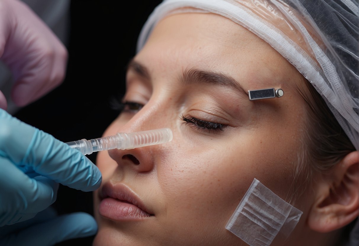 A small dermal piercing being cleaned with saline solution and covered with a sterile bandage