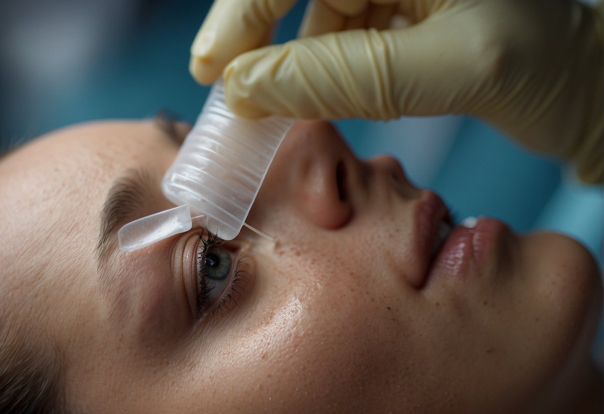 A dermal piercing being cleaned with saline solution, then covered with a sterile bandage to protect it from irritation and infection