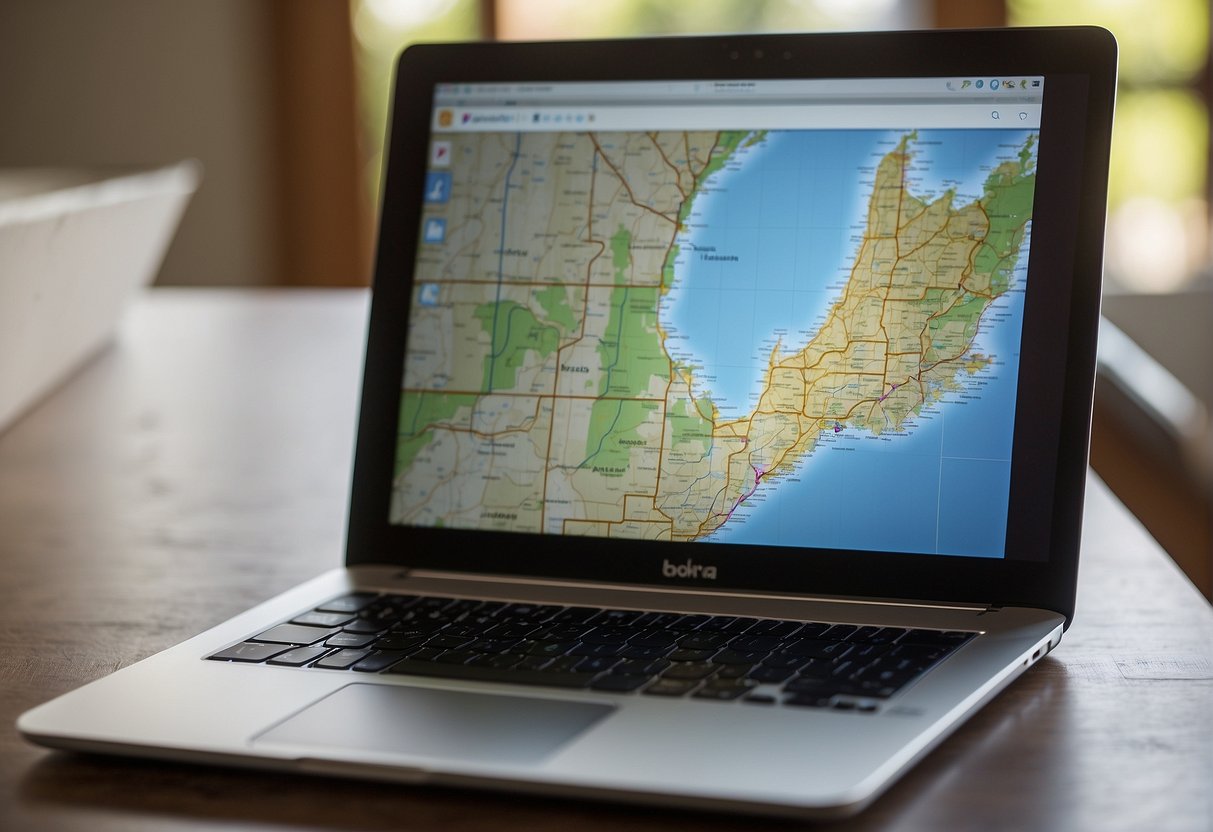 A laptop displaying various online teaching platforms, with a map of Ontario in the background