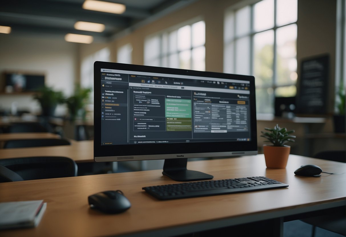 A computer with a virtual classroom interface, a teacher's desk, and a whiteboard with lesson plans on it