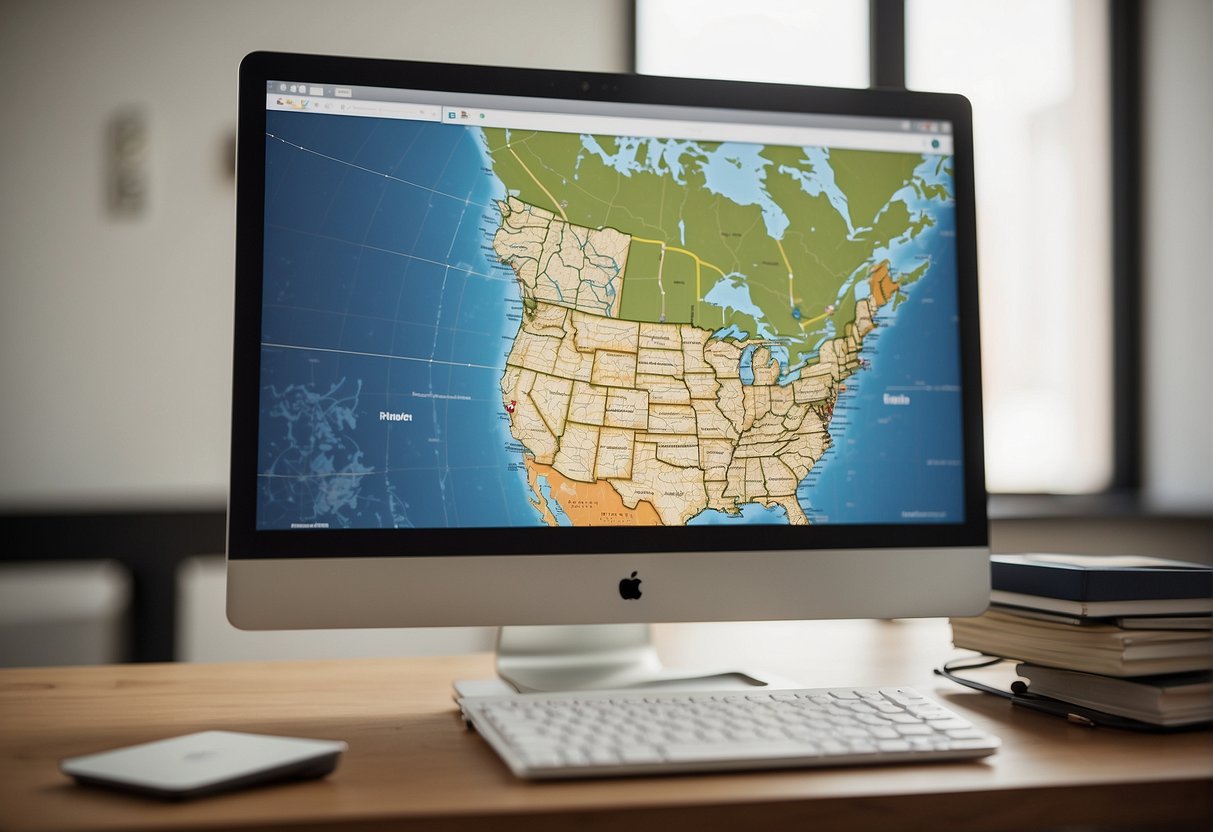 A computer with various teaching resources and content development tools displayed on the screen. A map of Ontario in the background with icons representing online teaching opportunities