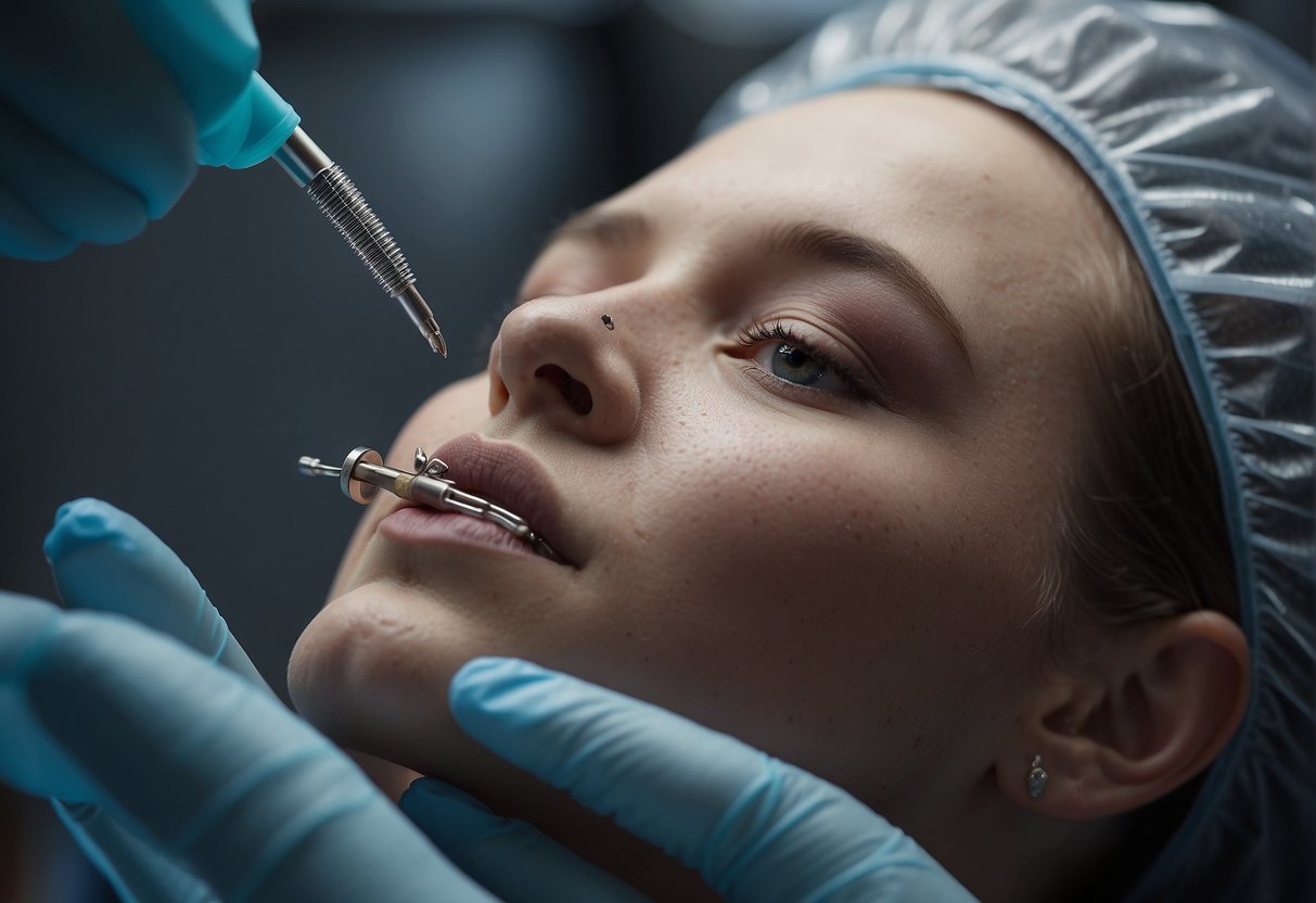 A sterile environment with a specialized tool gently removing the dermal piercing from the skin. A small incision is made, and the jewelry is carefully extracted