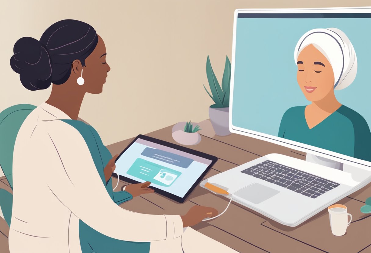 A midwife guides a woman through an online postpartum recovery course, providing support and education on physical and emotional healing