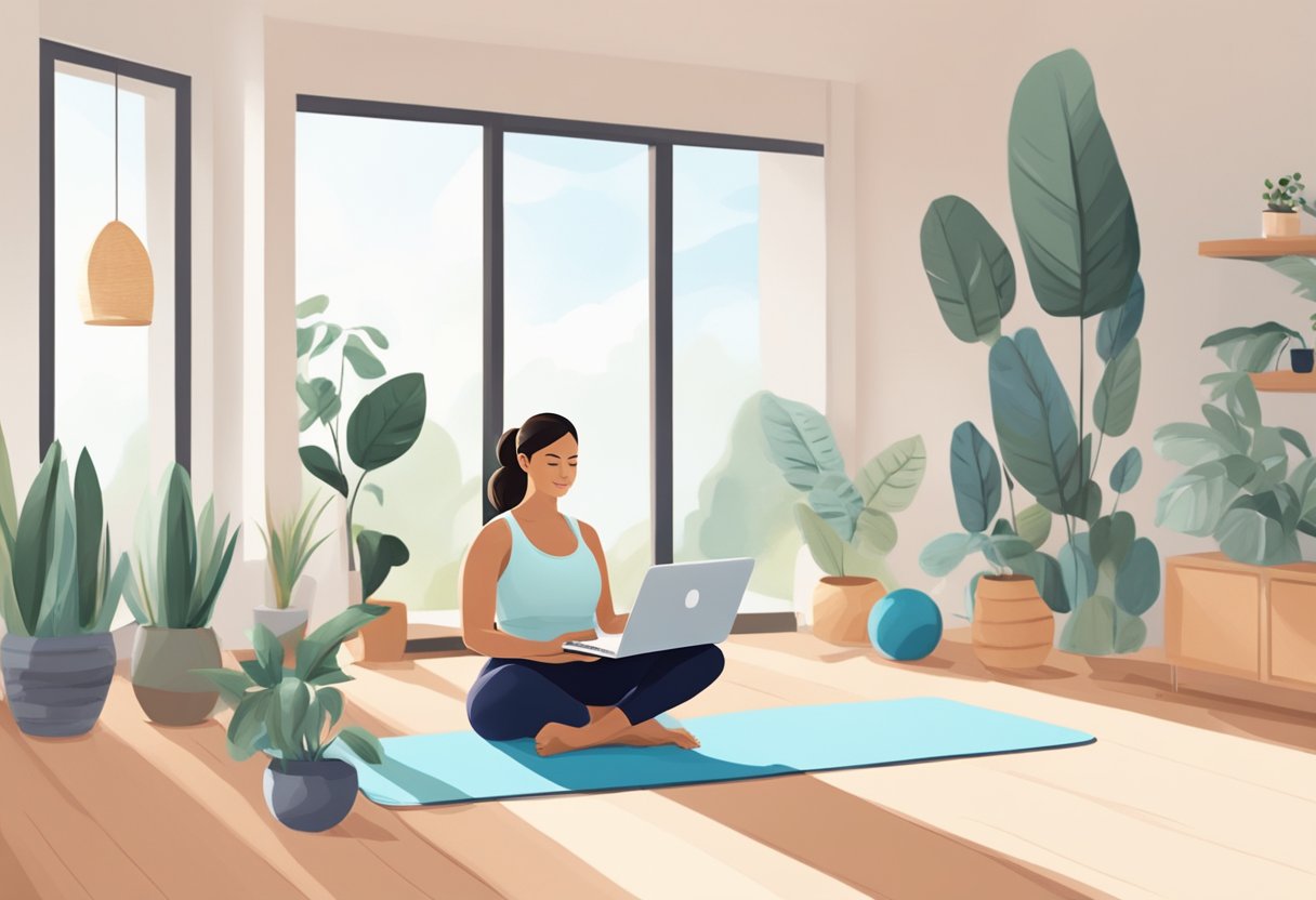 A woman follows an online postpartum exercise class, using a laptop and yoga mat in a bright, airy room