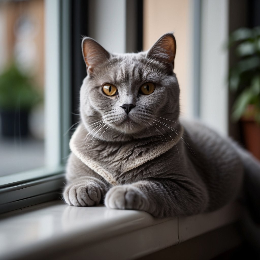 A British Shorthair cat lounges on a cozy window sill, with a thick, plush coat and round, expressive eyes