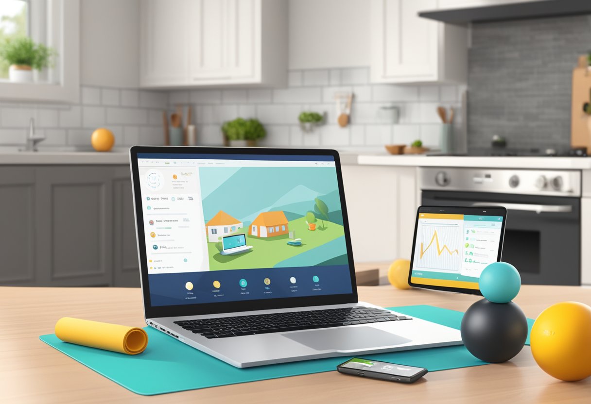 A laptop open on a kitchen table, with a yoga mat and exercise ball nearby. A baby monitor sits on the counter, while a smartphone displays the online Rückbildungskurs