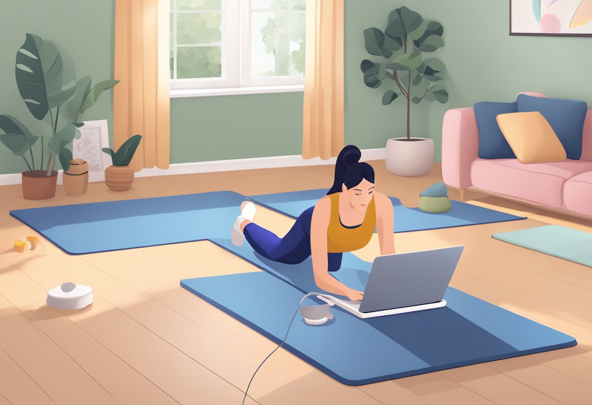 A laptop displaying a virtual postpartum exercise class with a mat and resistance bands nearby