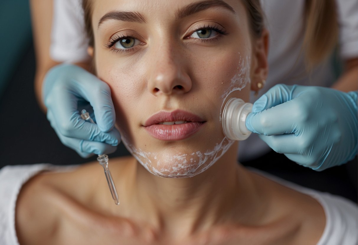 A scar treatment cream is being applied to a dermal piercing scar. The cream is being gently massaged into the skin, and the scar is visibly fading