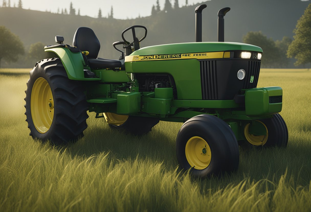 The John Deere Z355E sits idle in a grassy field, its engine sputtering and emitting smoke. The grass around it is overgrown, indicating it has not been used in some time