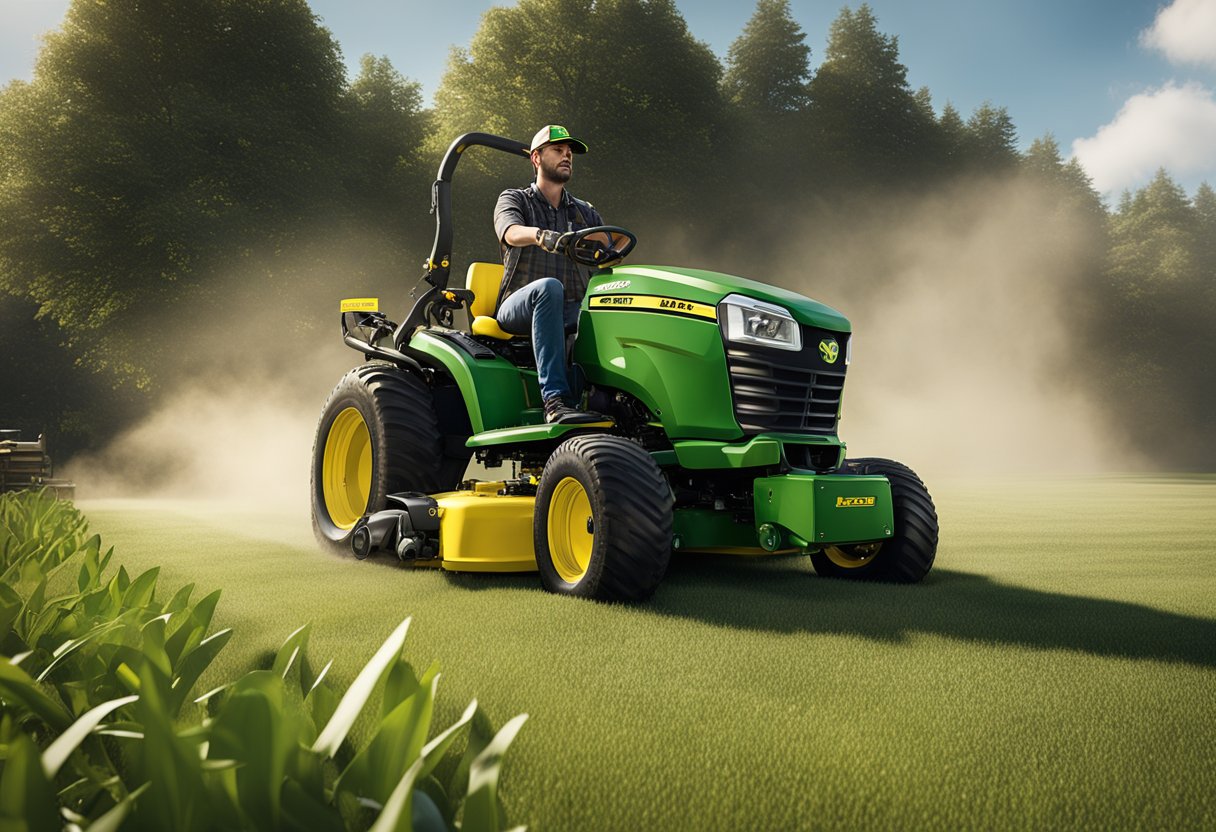 A person operating a Z910A John Deere mower, encountering technical problems