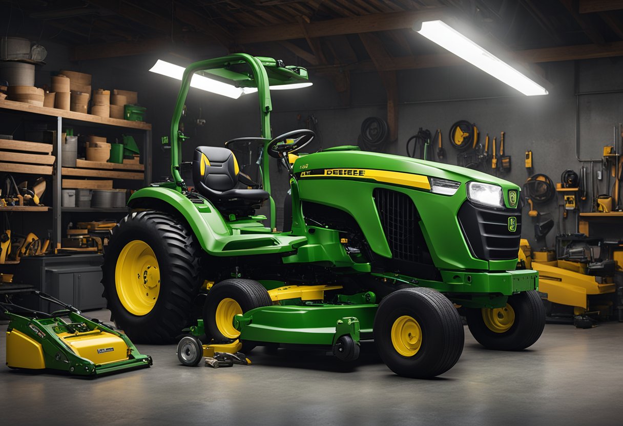 The John Deere Z910A sits in a workshop, surrounded by various tools and accessories. A mechanic examines the mower, highlighting potential problems