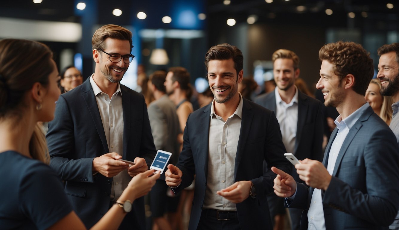 A group of people engage in lively conversation, exchanging business cards and contact information at a networking event. Social media logos are prominently displayed in the background