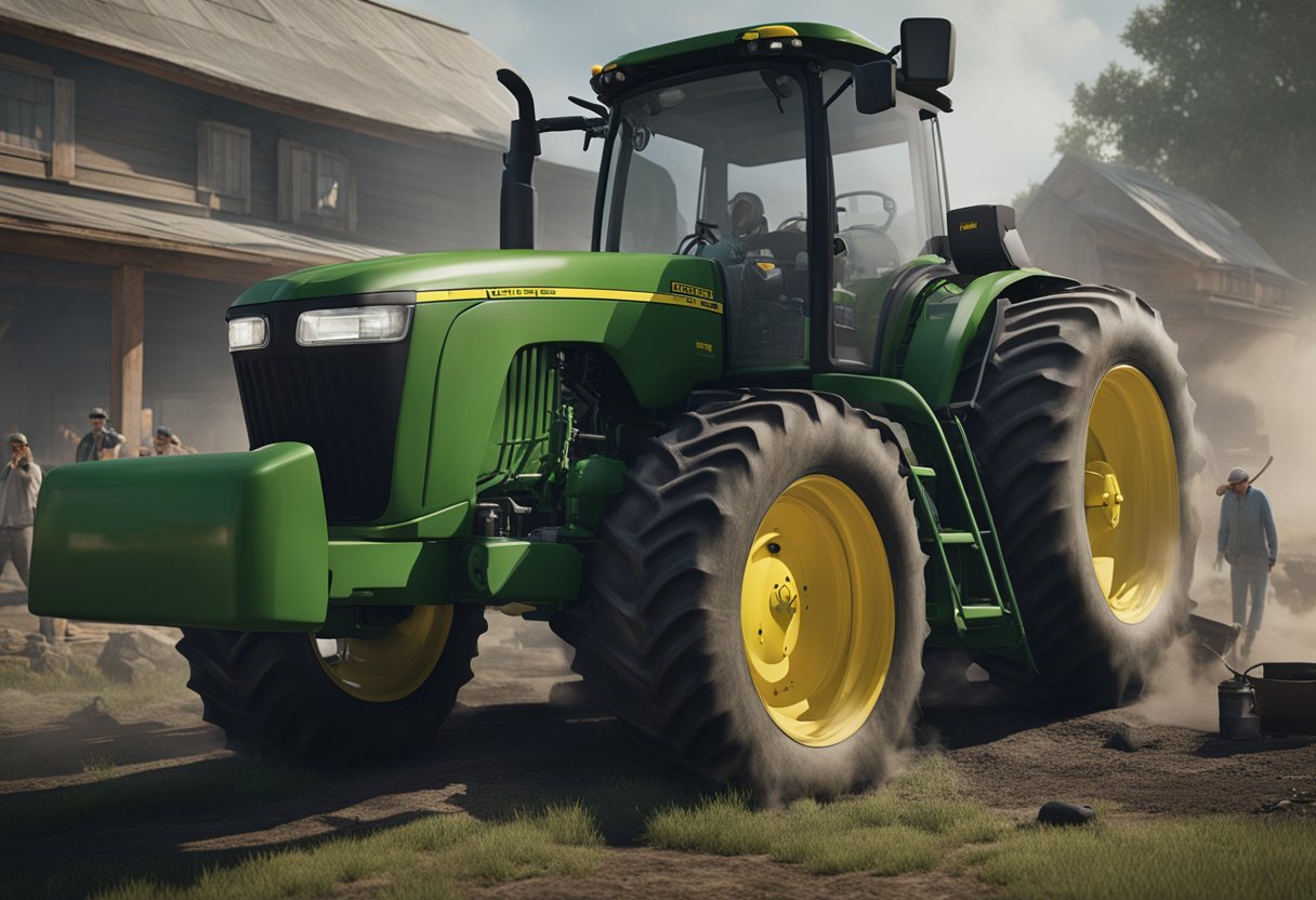 The John Deere Z910A sits idle, surrounded by a group of concerned onlookers. Smoke billows from the engine, and a mechanic inspects the machine with a furrowed brow