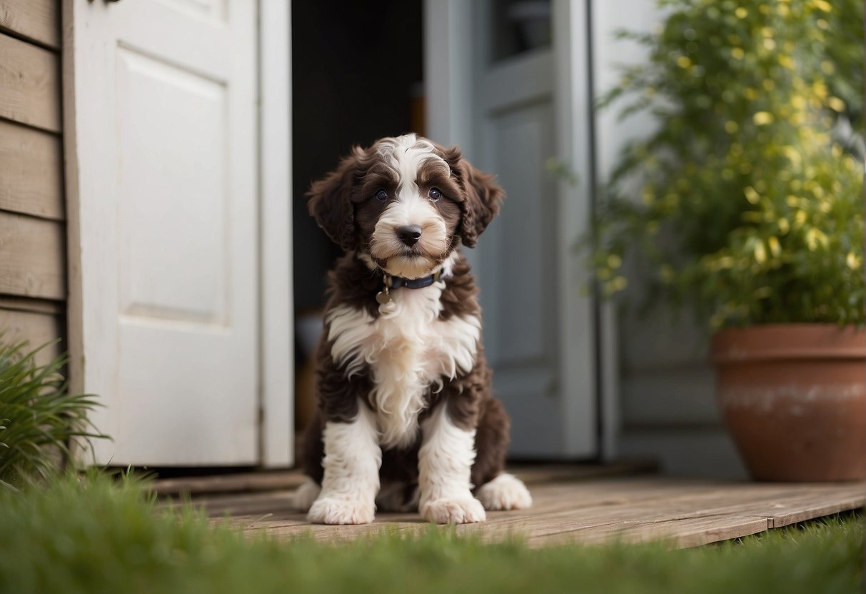 An aussiedoodle puppy sits by the open door, looking out at the grassy yard. A potty training pad is nearby, untouched