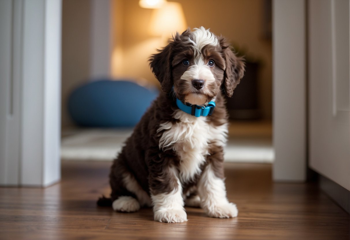 An aussiedoodle puppy sits by the open door, a potty pad nearby. The puppy looks alert and eager to go outside to relieve itself