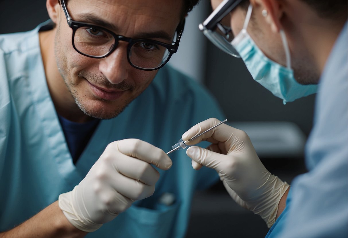 A doctor removes a dermal piercing with sterile tools in a medical setting