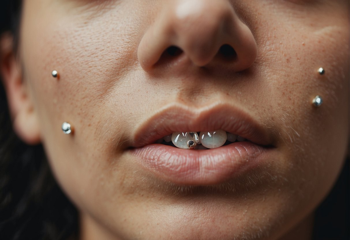 A close-up of a cheek with two dermal piercings, showcasing their placement and size for reference