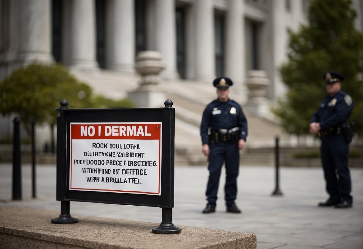 A sign outside a government building reads "No dermal piercings allowed." Police officers enforce the rule, turning away people with visible dermal piercings
