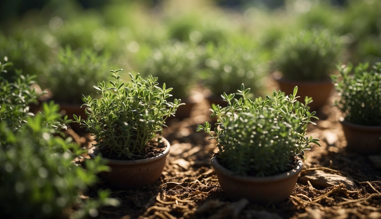 Thyme plants being harvested and used for cooking or medicinal purposes
