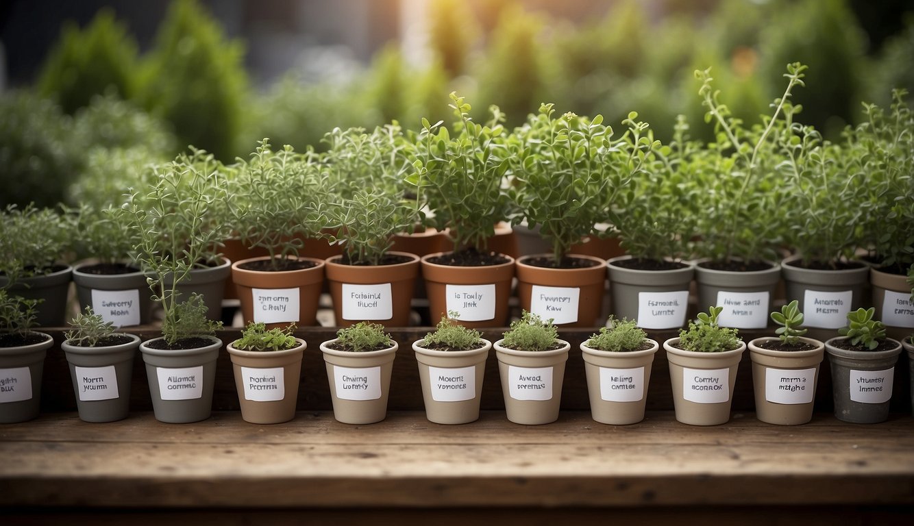 A variety of thyme plants in pots, some grown from seed and others from cuttings, arranged on a table with labels indicating their different varieties