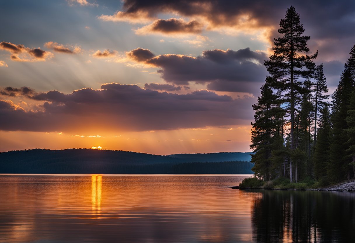 The sun sets behind the silhouette of towering pine trees, casting a warm glow over the calm waters of Douglas Lake