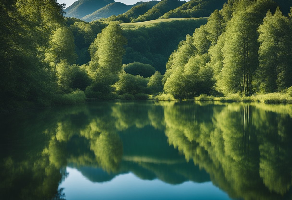 A serene lake nestled among rolling hills, with clear blue water reflecting the surrounding greenery. A small stream feeds into the lake, creating gentle ripples on the surface