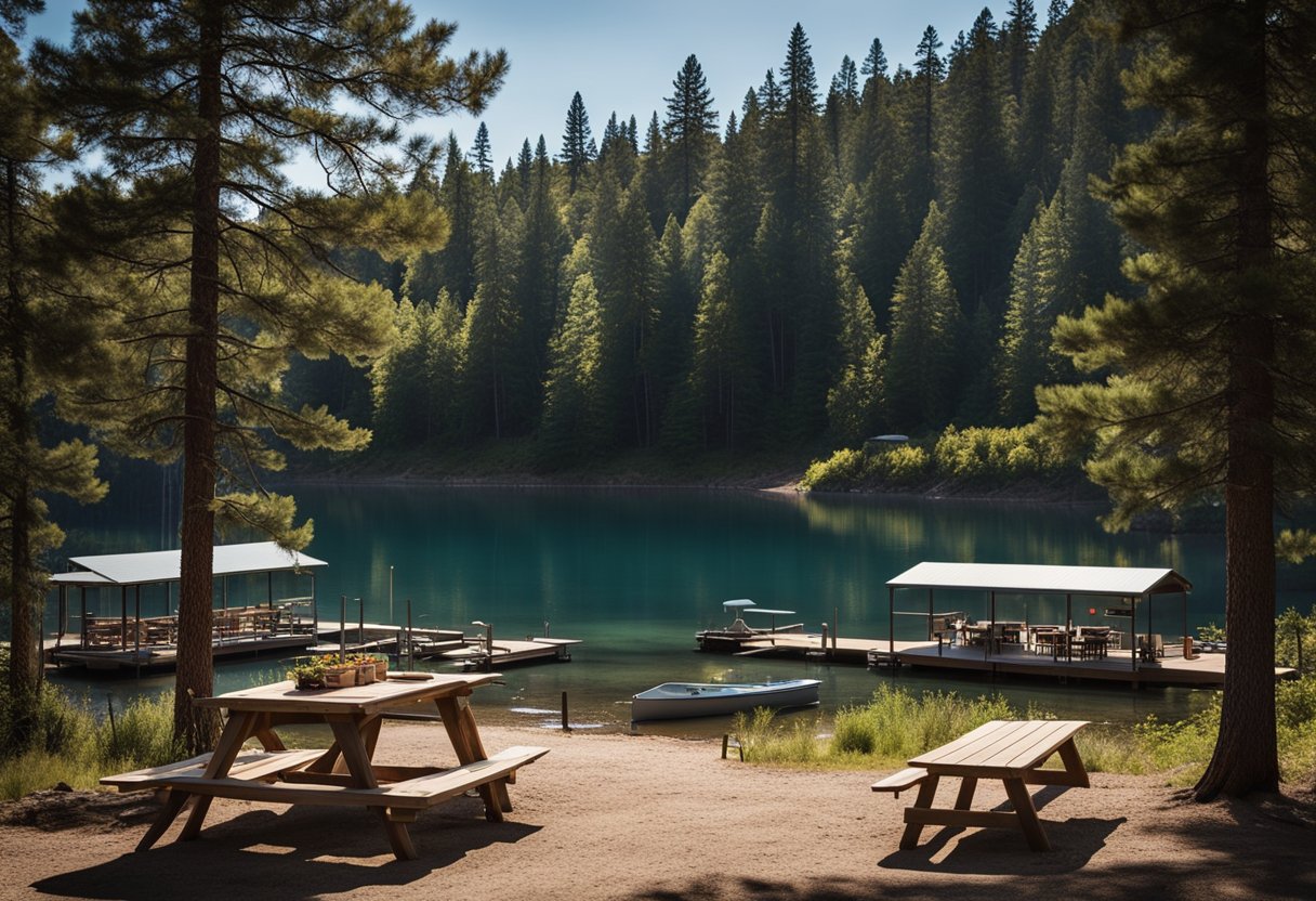 The cozy cabins sit nestled among tall pine trees, overlooking the calm waters of Douglas Lake. A dock extends into the water, where boats and kayaks await. A picnic area with tables and grills is nearby