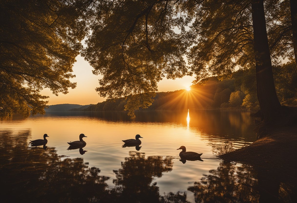 The sun sets over Douglas Lake, casting a warm glow on the water. Trees line the shore, their leaves changing colors for the season. A family of ducks swims peacefully in the calm waters