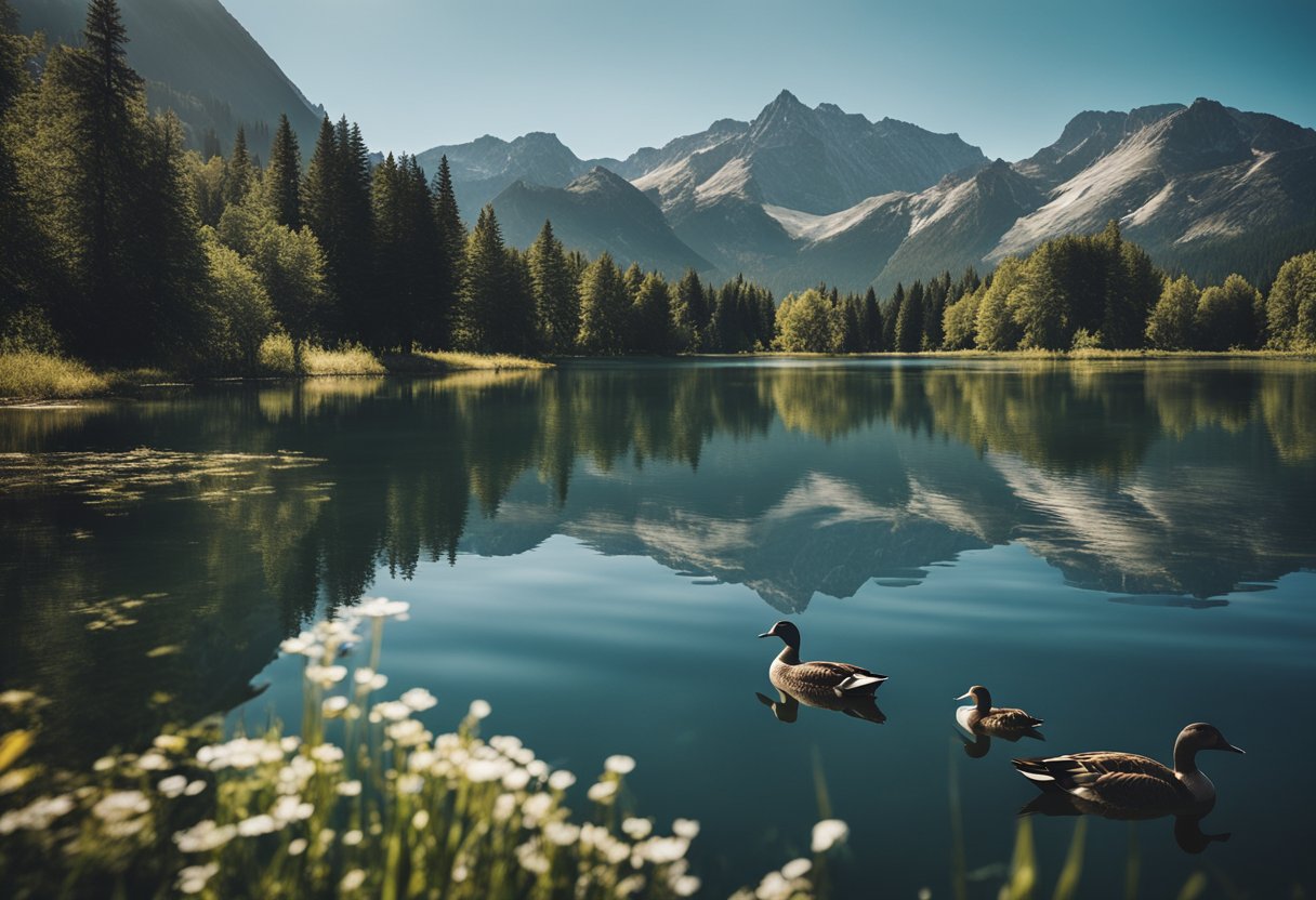 The serene lake reflects the surrounding mountains under a clear blue sky, with ducks and geese swimming peacefully in the water