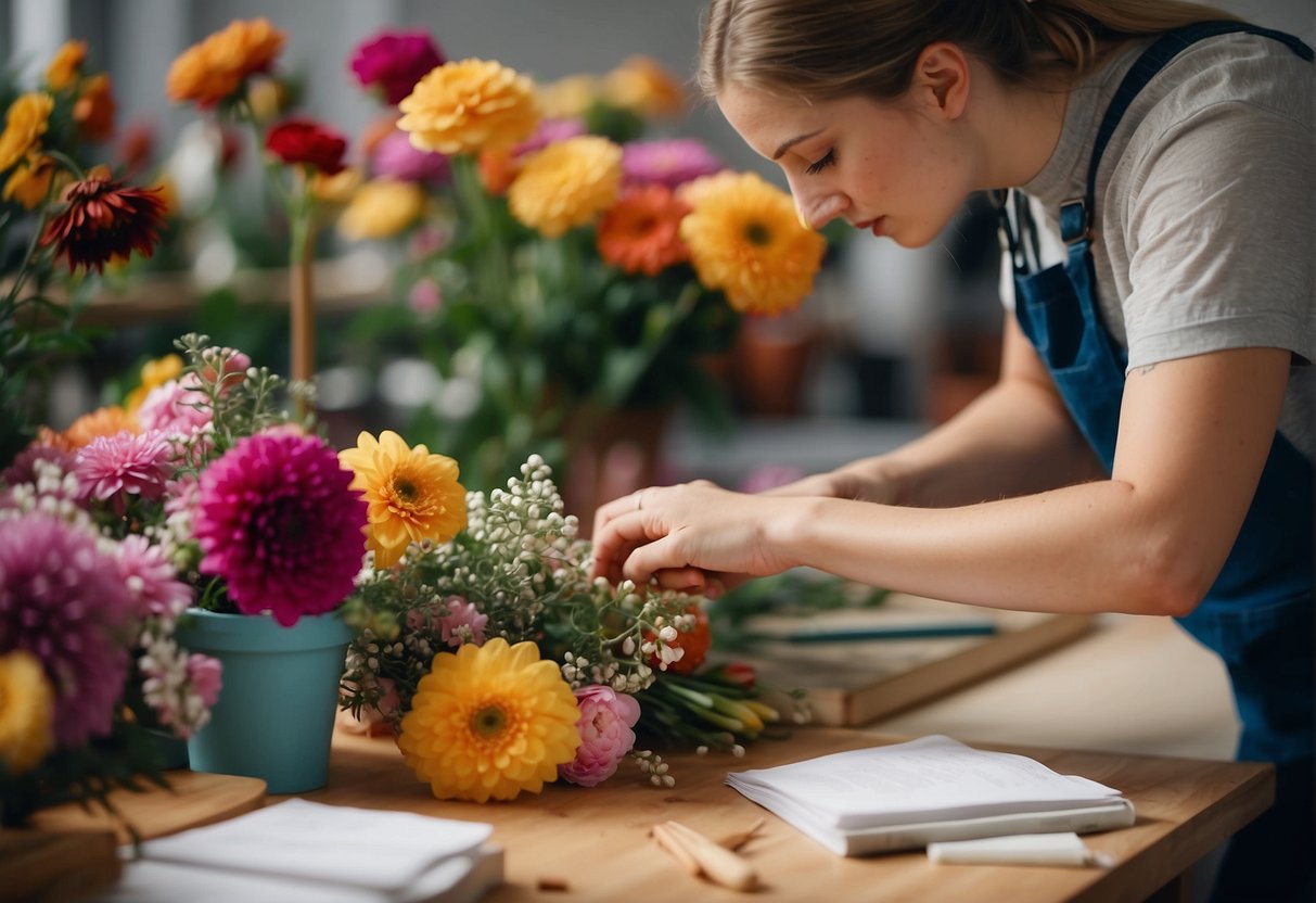 A student arranging flowers in a classroom studio, surrounded by colorful blooms and floral design tools