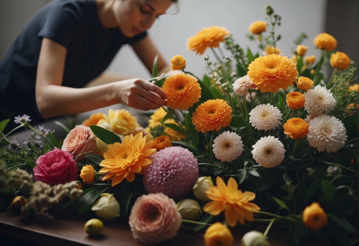 A floral designer carefully arranges various blooms and foliage, balancing colors, shapes, and sizes to create a harmonious and visually pleasing composition