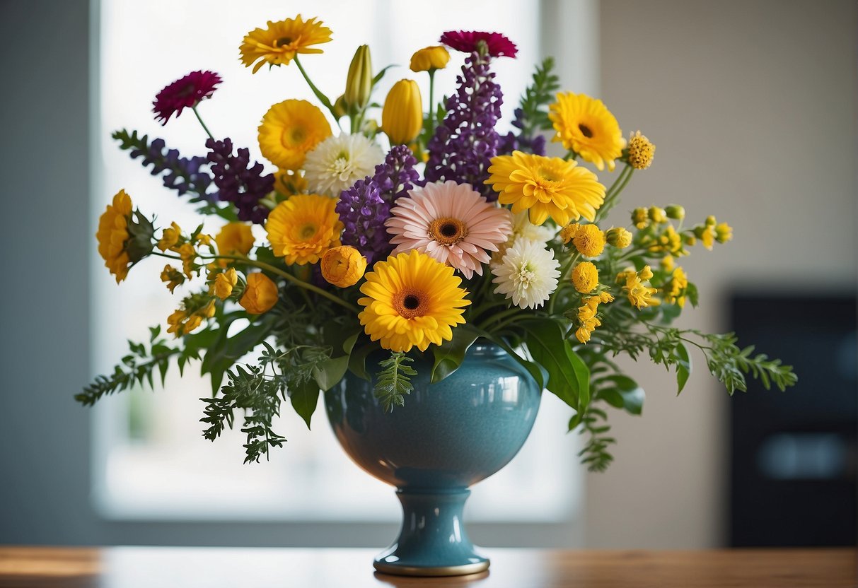 A vase filled with various types of flowers arranged in a balanced and visually pleasing manner, with colors and shapes complementing each other