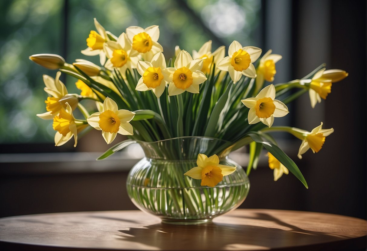 A vase filled with daffodils arranged in a cascading design, surrounded by greenery and smaller accent flowers