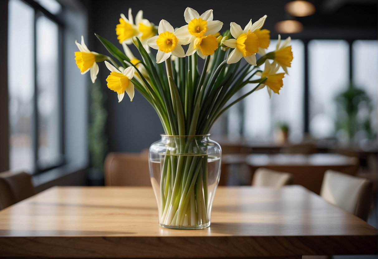 Daffodils arranged in a tall vase with green foliage, creating a dynamic and vibrant floral design