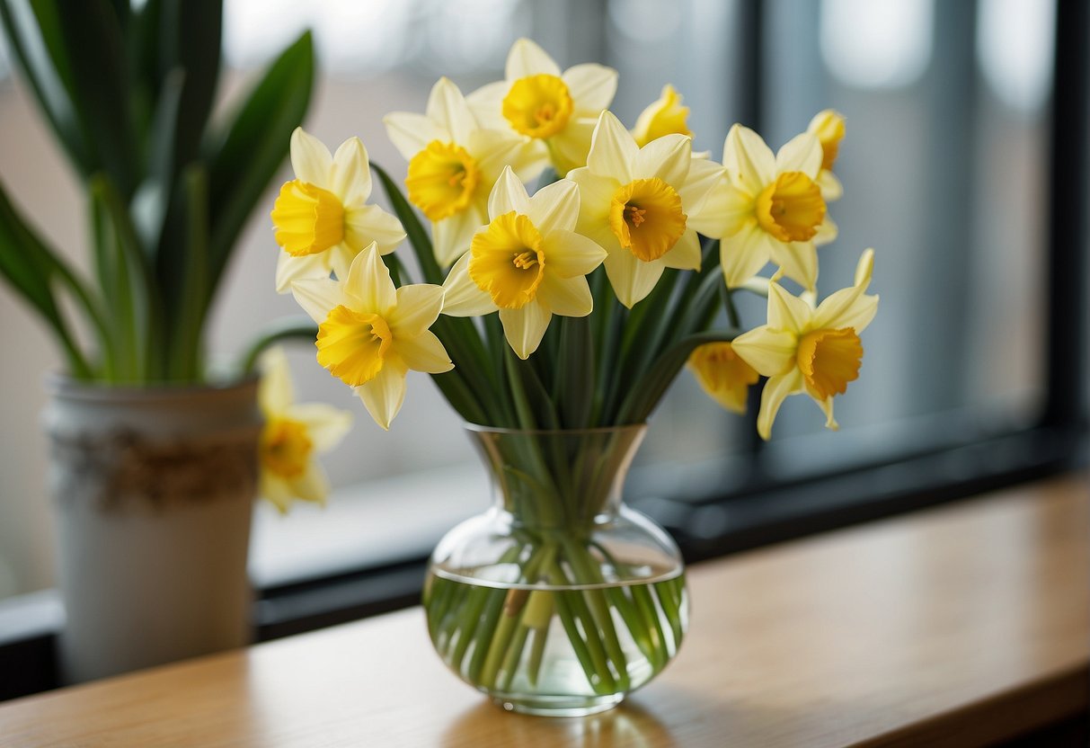 Bright yellow daffodils arranged in a glass vase, surrounded by various green foliage and other colorful flowers