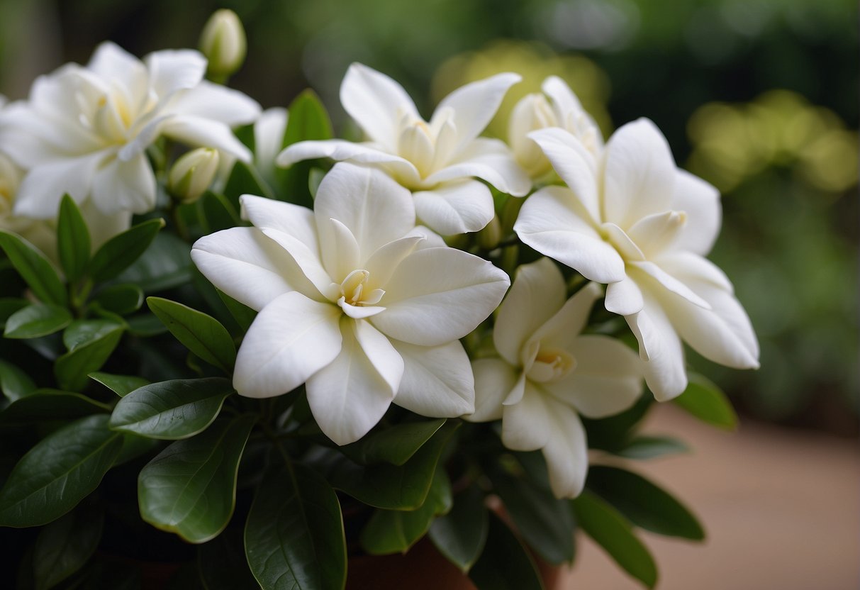 Gardenias bloom in a lush garden setting, surrounded by other vibrant flowers. A floral designer carefully selects and arranges the fragrant white blooms in an elegant bouquet