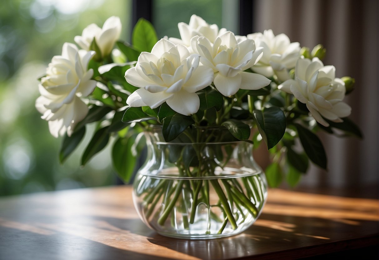 Gardenias arranged in a glass vase, surrounded by lush greenery and other white flowers, creating an elegant and fragrant centerpiece