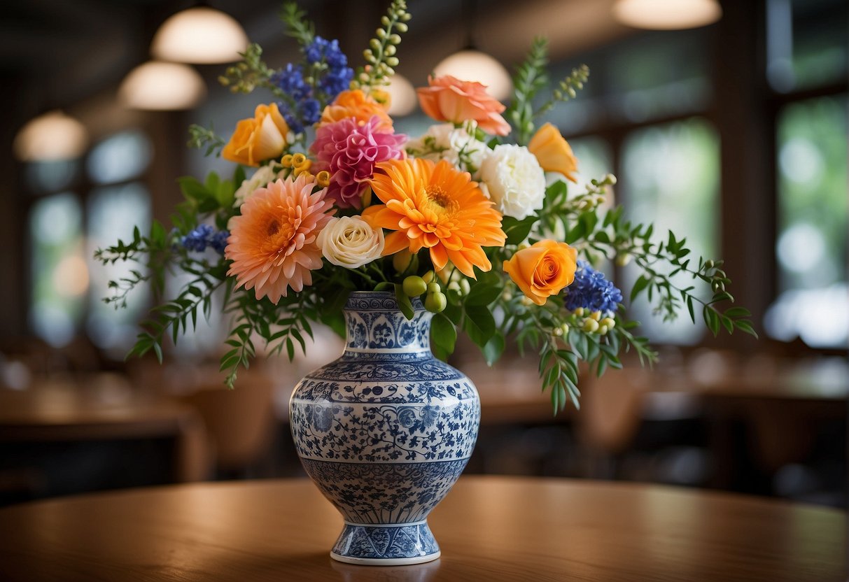 A vase filled with a mix of oriental, European, and American floral arrangements, showcasing similar use of bold colors and intricate patterns
