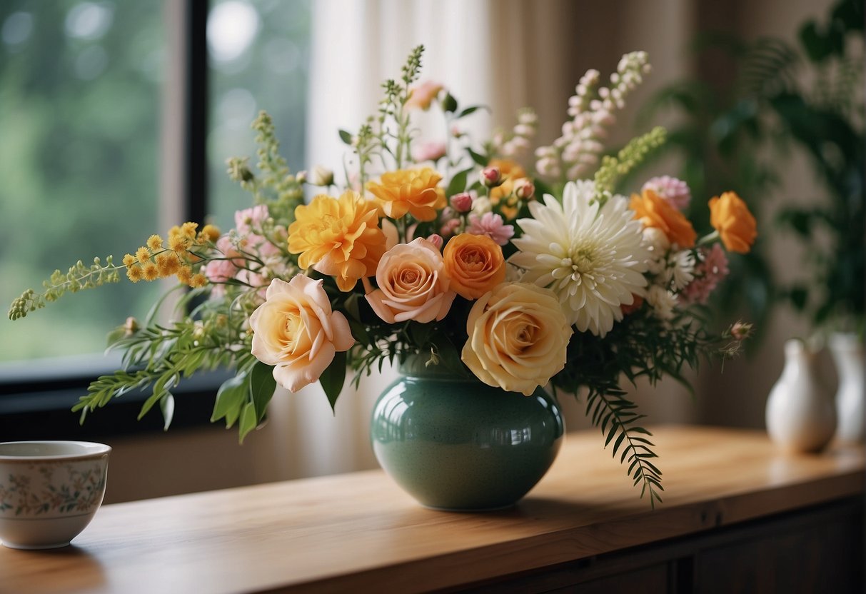 A table displaying floral arrangements from different cultures: Japanese ikebana, European formal arrangements, and American wildflower bouquets