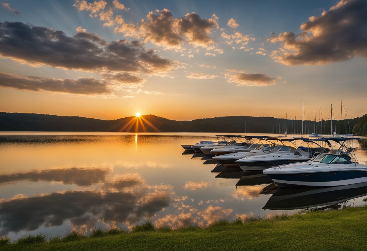 The sun sets over Dale Hollow Lake, casting a warm glow on the calm water. Tall trees line the shore, their reflections mirrored in the glassy surface. A few boats dot the horizon, their sails billowing in the gentle breeze