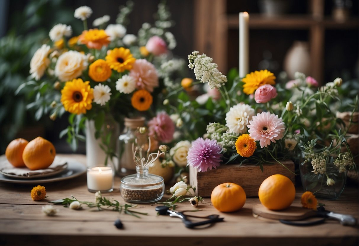 A table with various flowers arranged in different patterns and designs, with tools and materials scattered around for creating floral arrangements