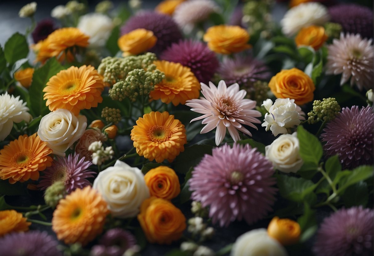 A floral designer arranges various flowers and foliage to create a pattern, using color, shape, and texture to achieve balance and harmony