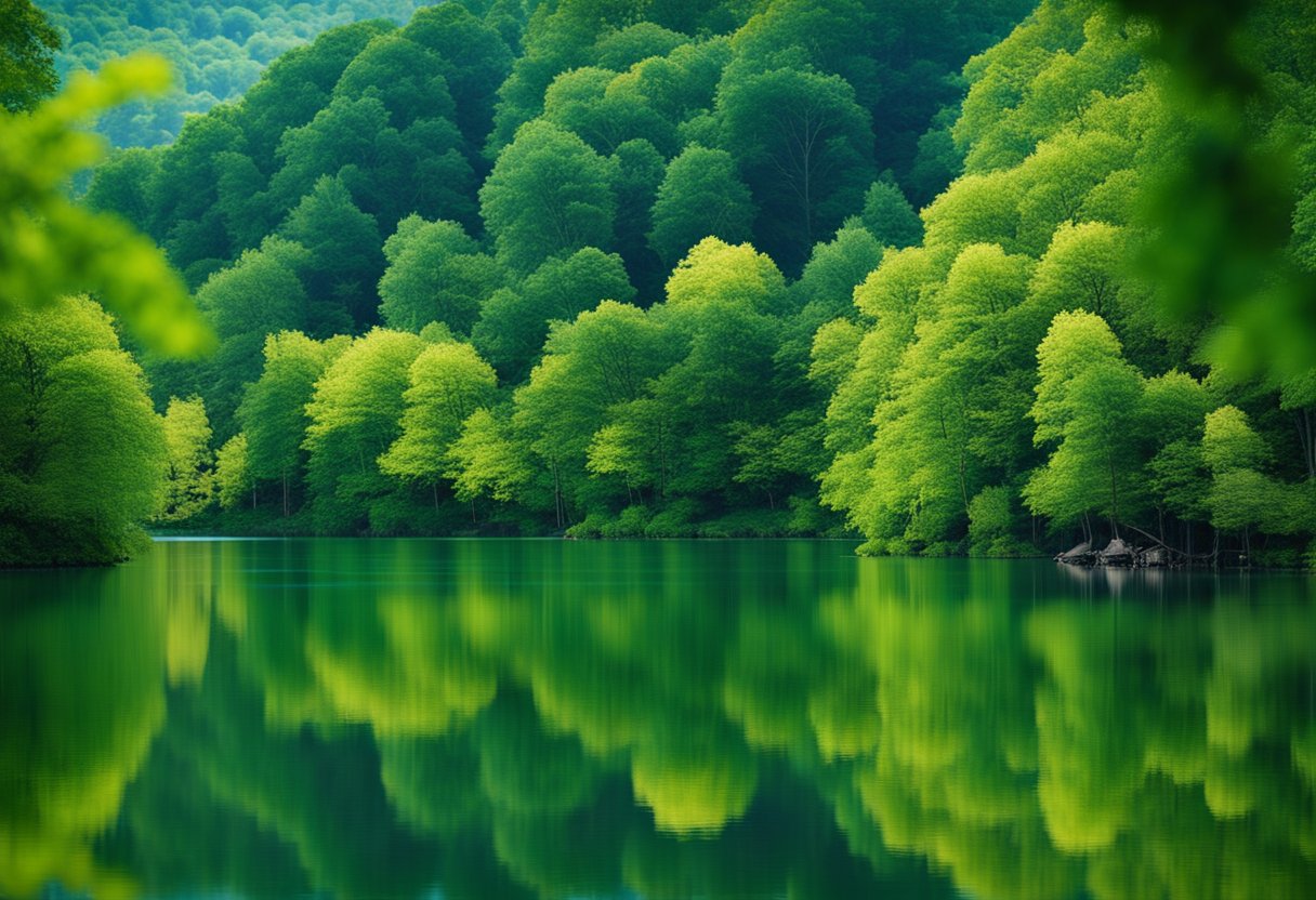 Lush green trees surround a crystal-clear lake, teeming with diverse wildlife such as birds, fish, and deer. The serene atmosphere exudes a sense of untouched nature and conservation