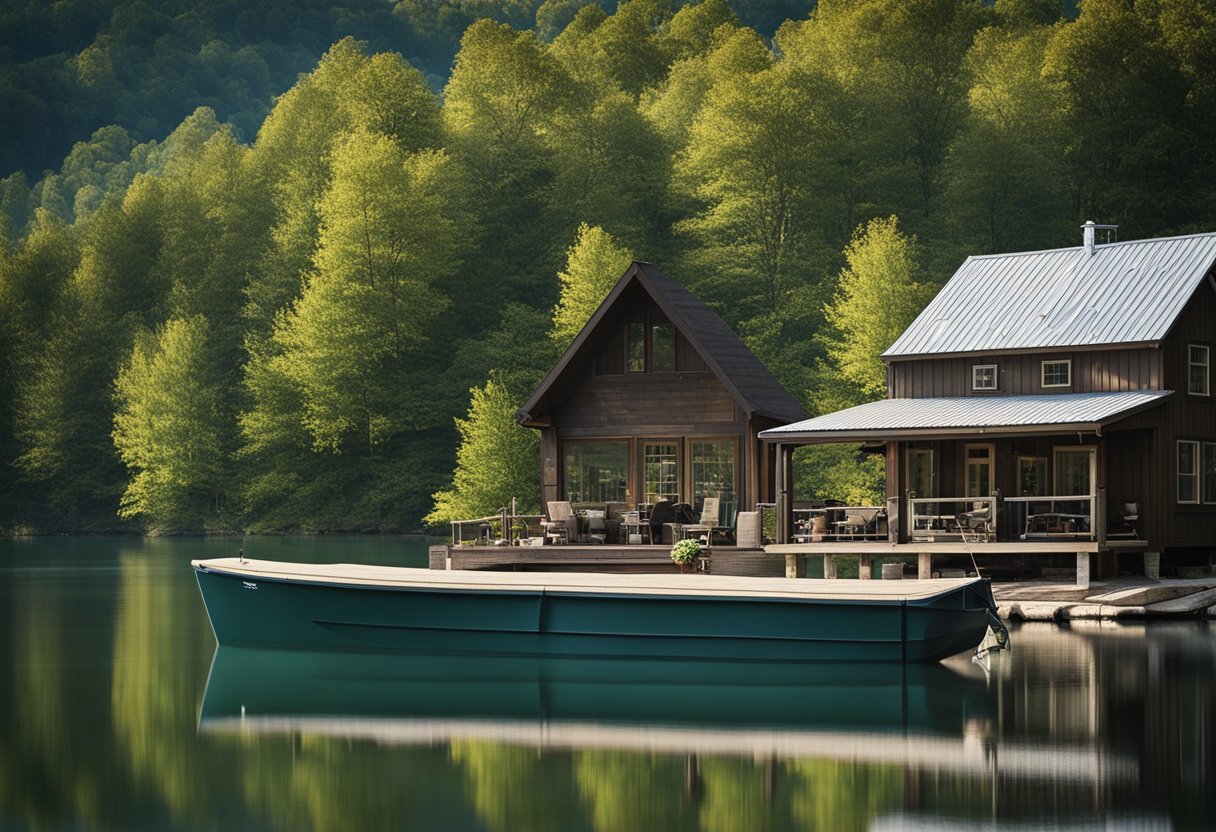 A cozy lakeside cabin with a wrap-around porch, overlooking the tranquil waters of Dale Hollow Lake. A dock extends into the water, with a boat tied up and fishing gear ready to go