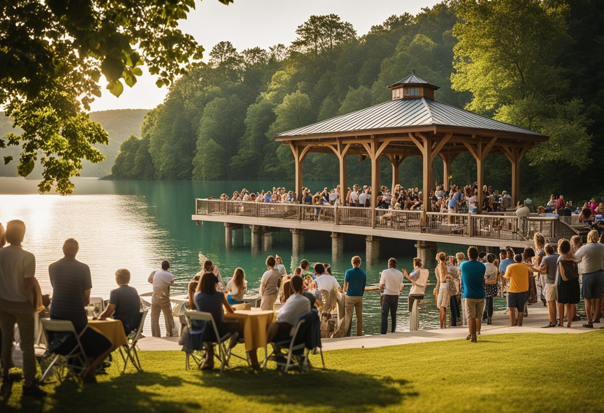 People gather at a lakeside pavilion for cultural and community events, surrounded by lush greenery and the calm waters of Dale Hollow Lake