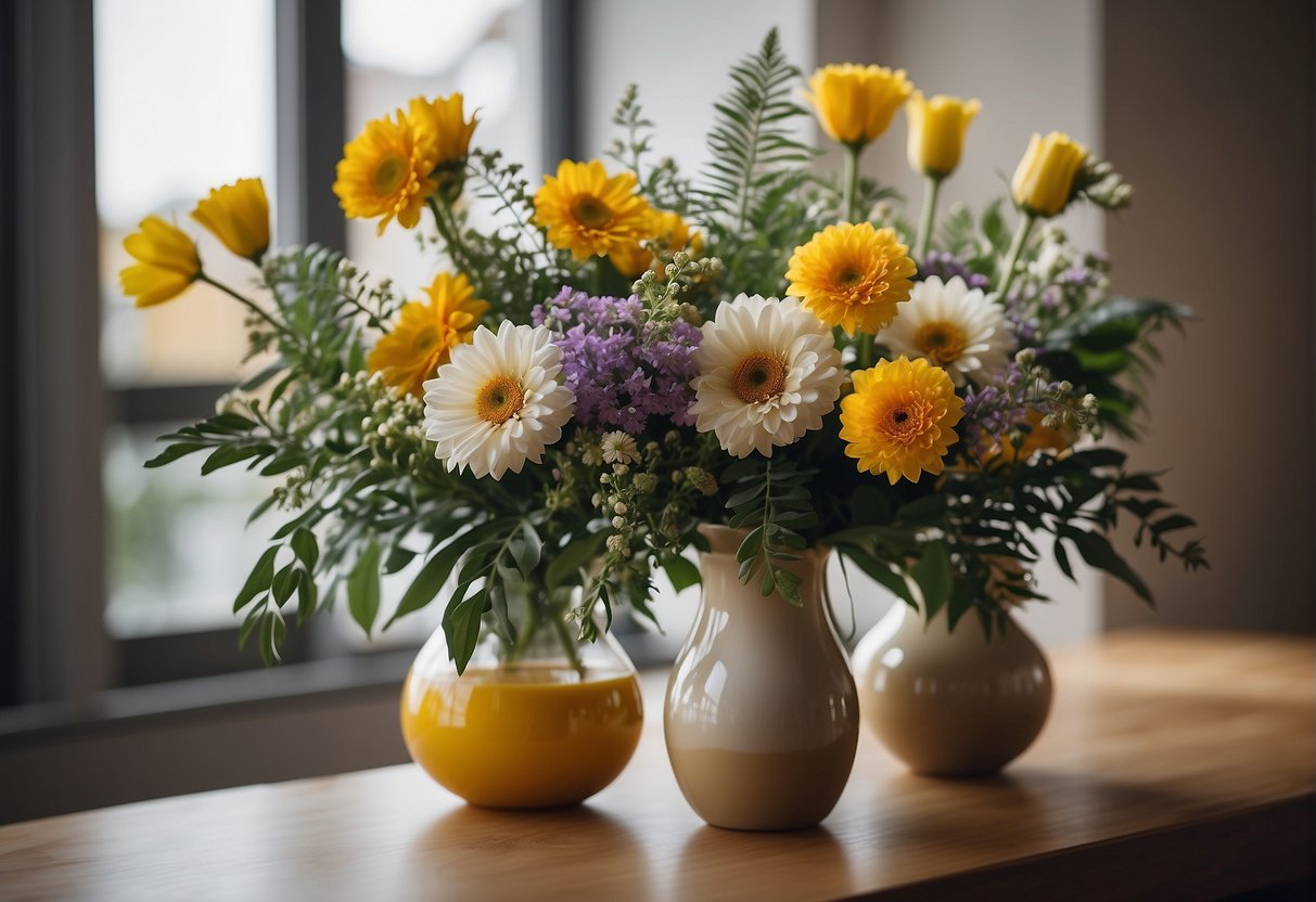 A vase of flowers with varying heights and distances, creating depth. Empty space around the arrangement emphasizes its volume and dimension
