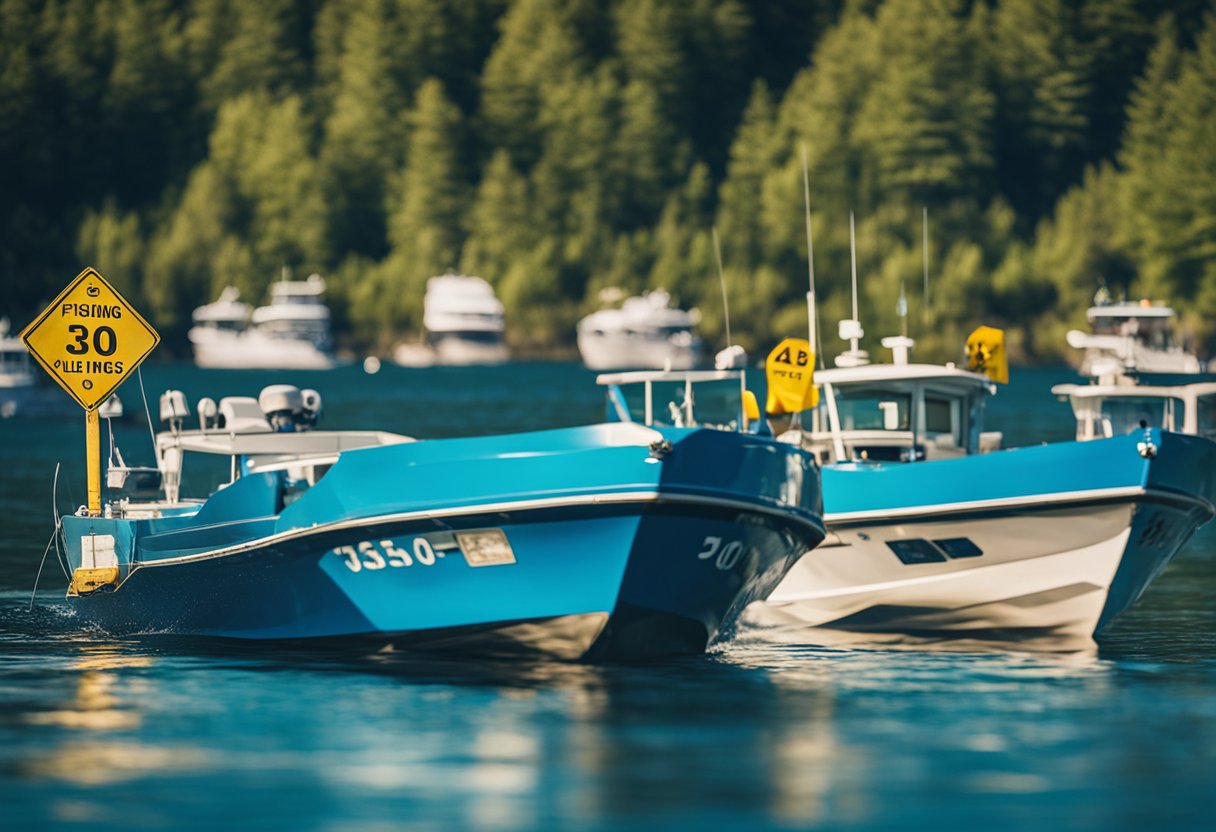 Boats obeying speed limits on calm, blue waters. Signs displaying fishing and swimming regulations along the shoreline. A ranger patrolling the area