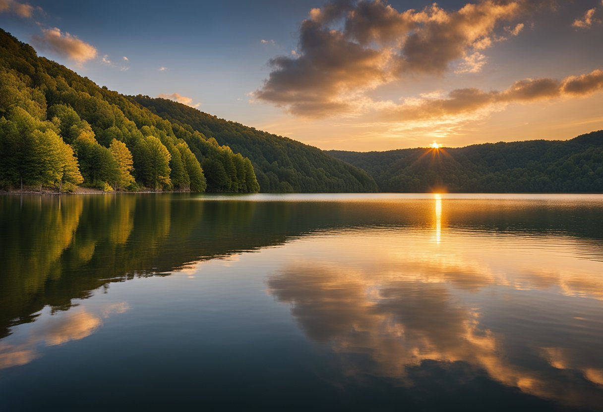 The sun sets over the tranquil waters of Dale Hollow Lake, casting a warm glow on the surrounding hills and creating a serene atmosphere for youth to explore and engage in outdoor activities